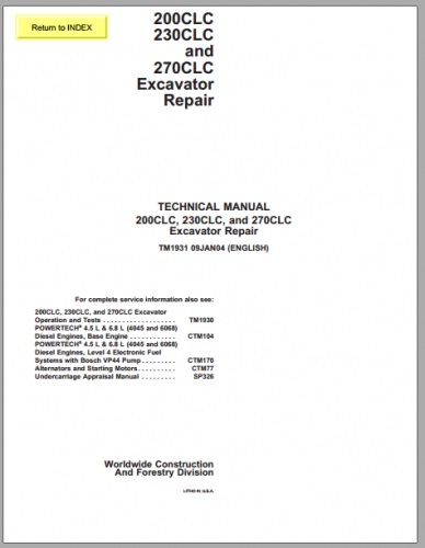 John Deere 200CLC, 230CLC, 270CLC Excavator Technical Manual