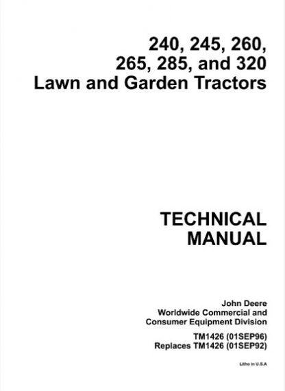 John Deere 240, 245, 260, 265, 285, 320 Lawn Garden Tractors Technical Manual