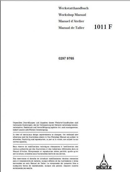 Deutz 1011F Engine Workshop Service Manual