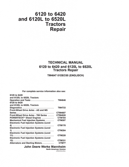 John Deere 6120 , 6420, 6120L, 6520L Tractor Service Technical Manual