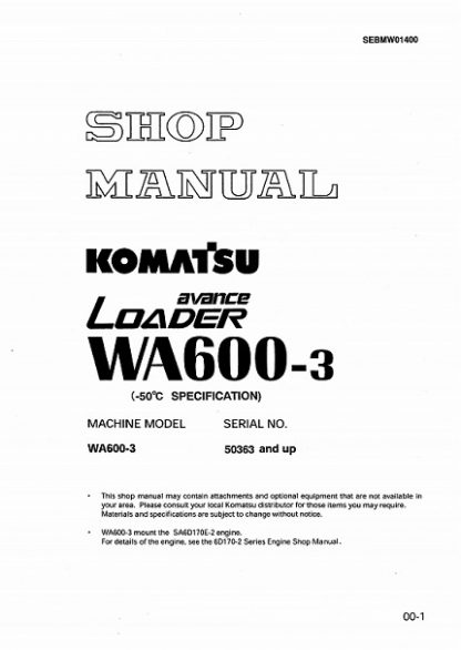 Komatsu WA600-3 Wheel Loader Service Shop Manual