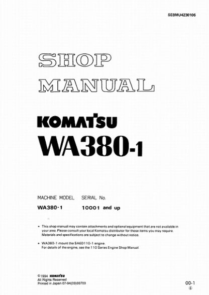 Komatsu WA380-1 Wheel Loader Service Shop Manual